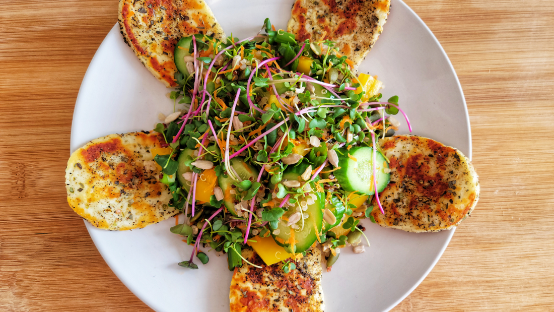 Microgreen Kale Quinoa Salad with Halloumi Cheese